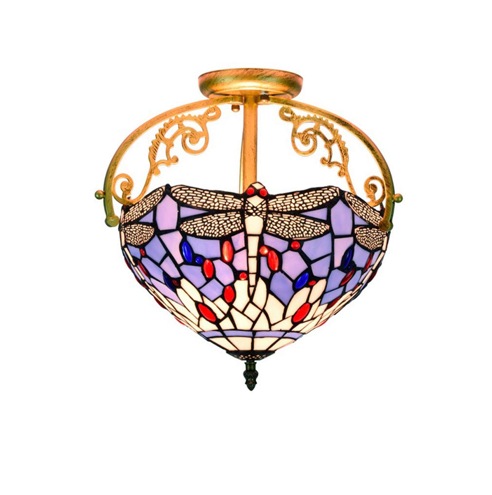 YNIYUJKL 30Cm Semi-Hanging Ceiling Lamp Tiffany-Style Stained Glass Ceiling Lamp Retro Dragonfly Decorative Light Restaurant Bedroom Ceiling Chandeliers