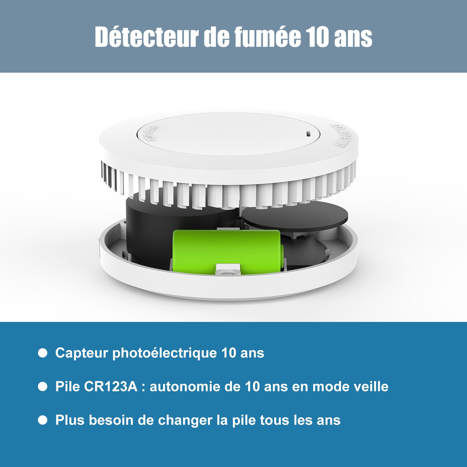 Détecteur de fumée avec Pile de 10 Ans, Support magnétique, sans perçage, certifié TÜV Rheinland, Alarme Incendie sans LED Clignotante, Fonction silencieuse, Petit détecteur de fumée, EN14604,10unità