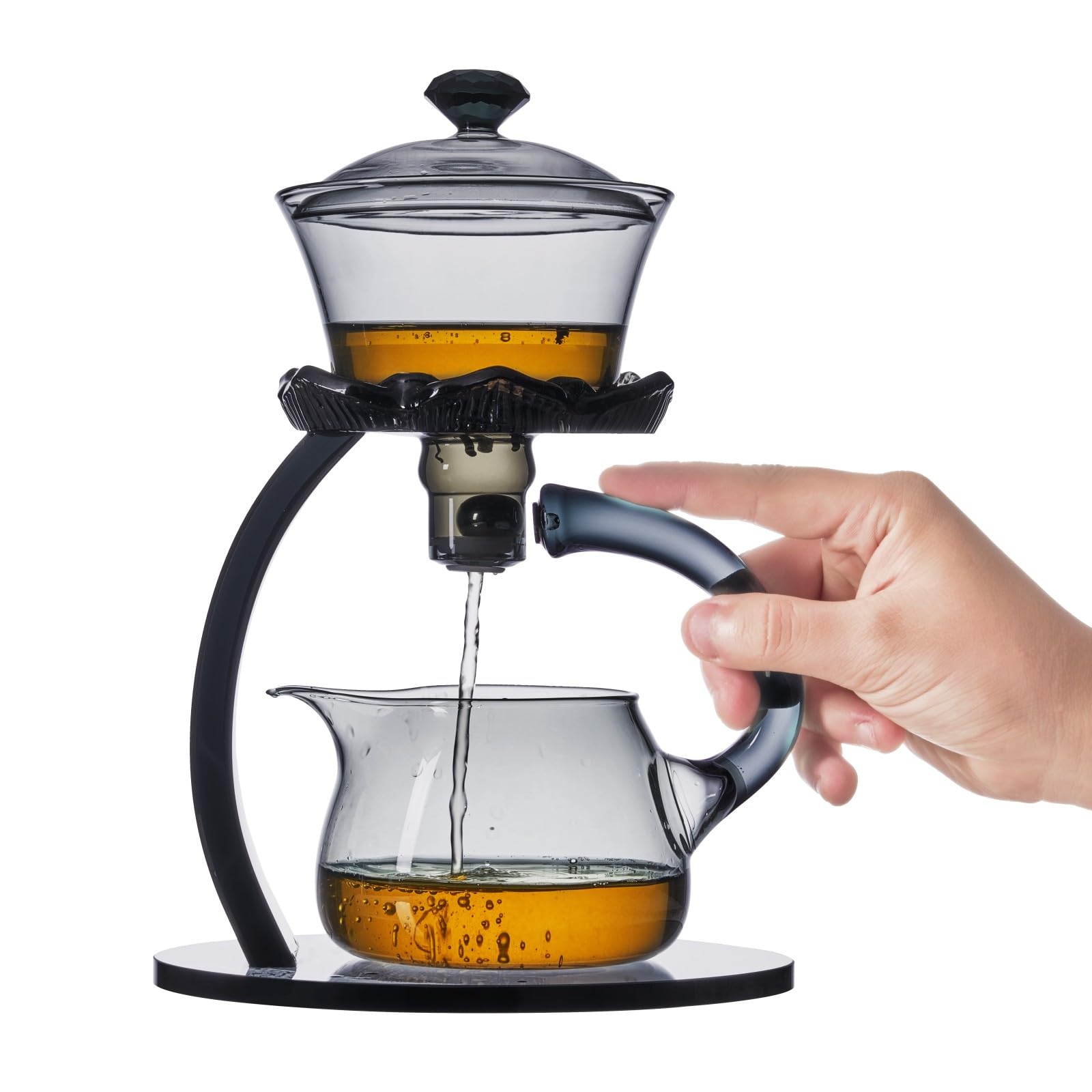 Półautomatyczny szklany czajniczek, Lazy Kungfu Drip Teapot z zaparzaczem, wzór kwiatu lotosu, żaroodporny szklany zestaw do herbaty, odpowiedni do recepcji domowej/biurowej (szary, czajniczek)