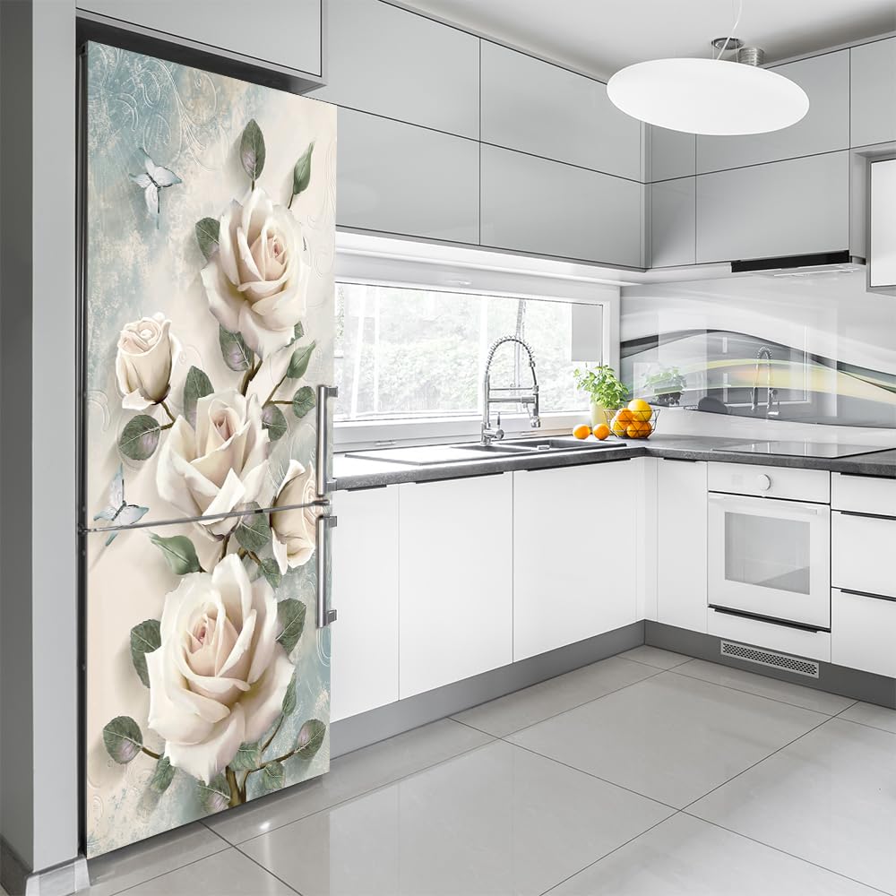 film décoratif pour réfrigérateurs, Stickers muraux for porte de réfrigérateur, motif pivoine blanche, recouvrant entièrement la(S: 60x150 cm)