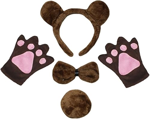 Petitebella Diadema de oso marrón, guantes de cola de moño para niños, disfraz de 4 piezas (talla única)