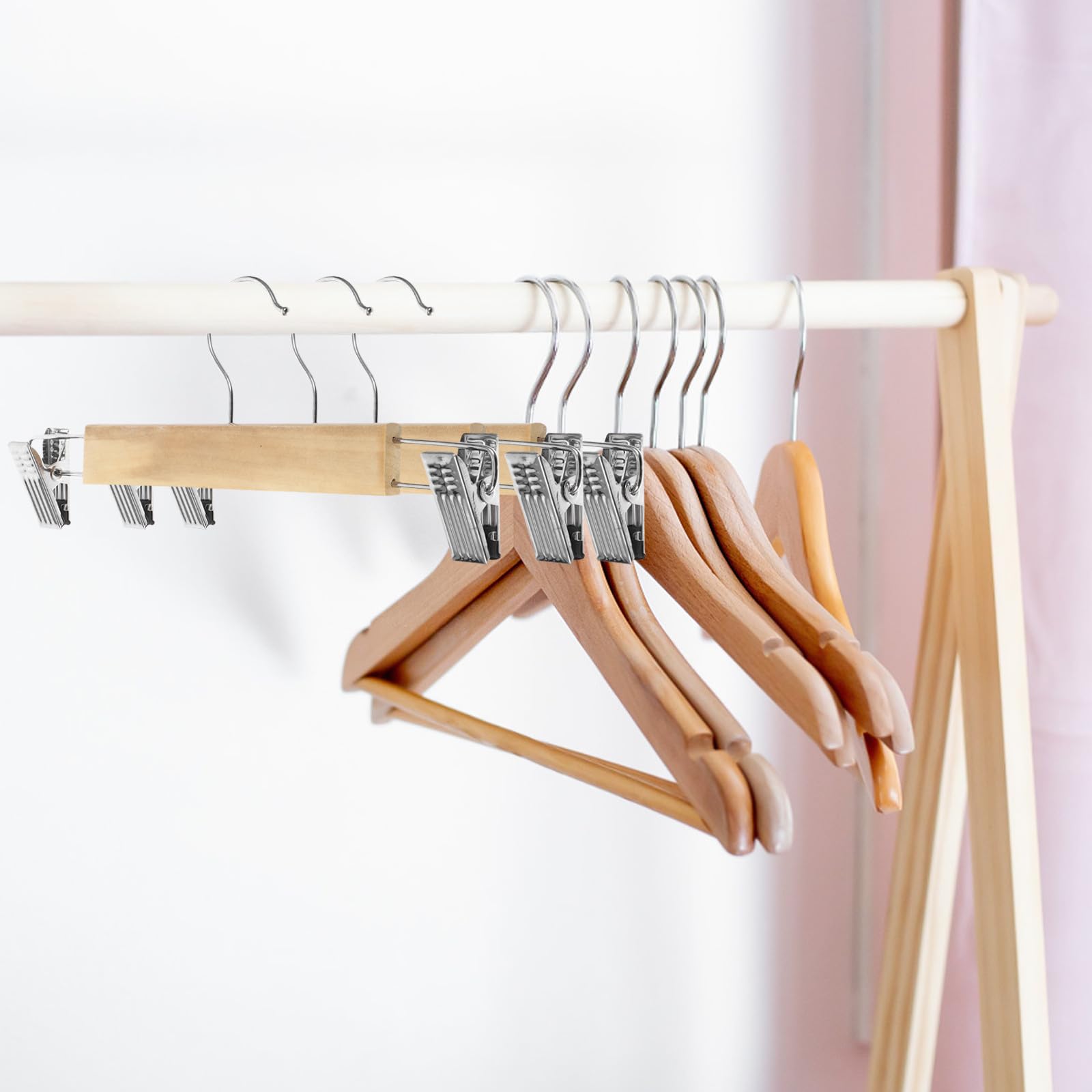 Ciieeo 10 Pezzi Stampelle per Pantaloni in Legno con Clip in Acciaio Inossidabile Resistenti e Versatili, per Pantaloni e Leggings, Salvaspazio per Armadio