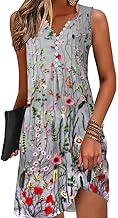 GRMLRPT Robe Été Femme de Plage Bohème Rétro Robes Col V Robes au Genou sans Manches Imprimé Floral Casual Tuniques Ample(Multicolore,S-XXL)