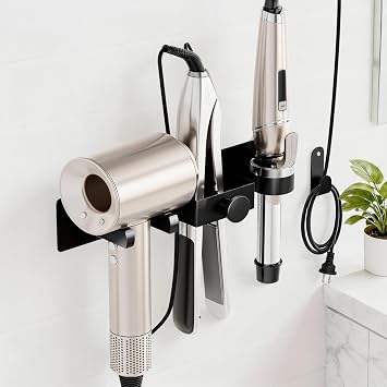 Hair Dryer Holder Wall Mount with Plug&Cord Organizer, Curling Iron Holder Flat Iron, Bathroom Hair Tool Organizer and Storage, Straightener Holder, Metal Blow Dryer Holder Rack for Most DryersGrey