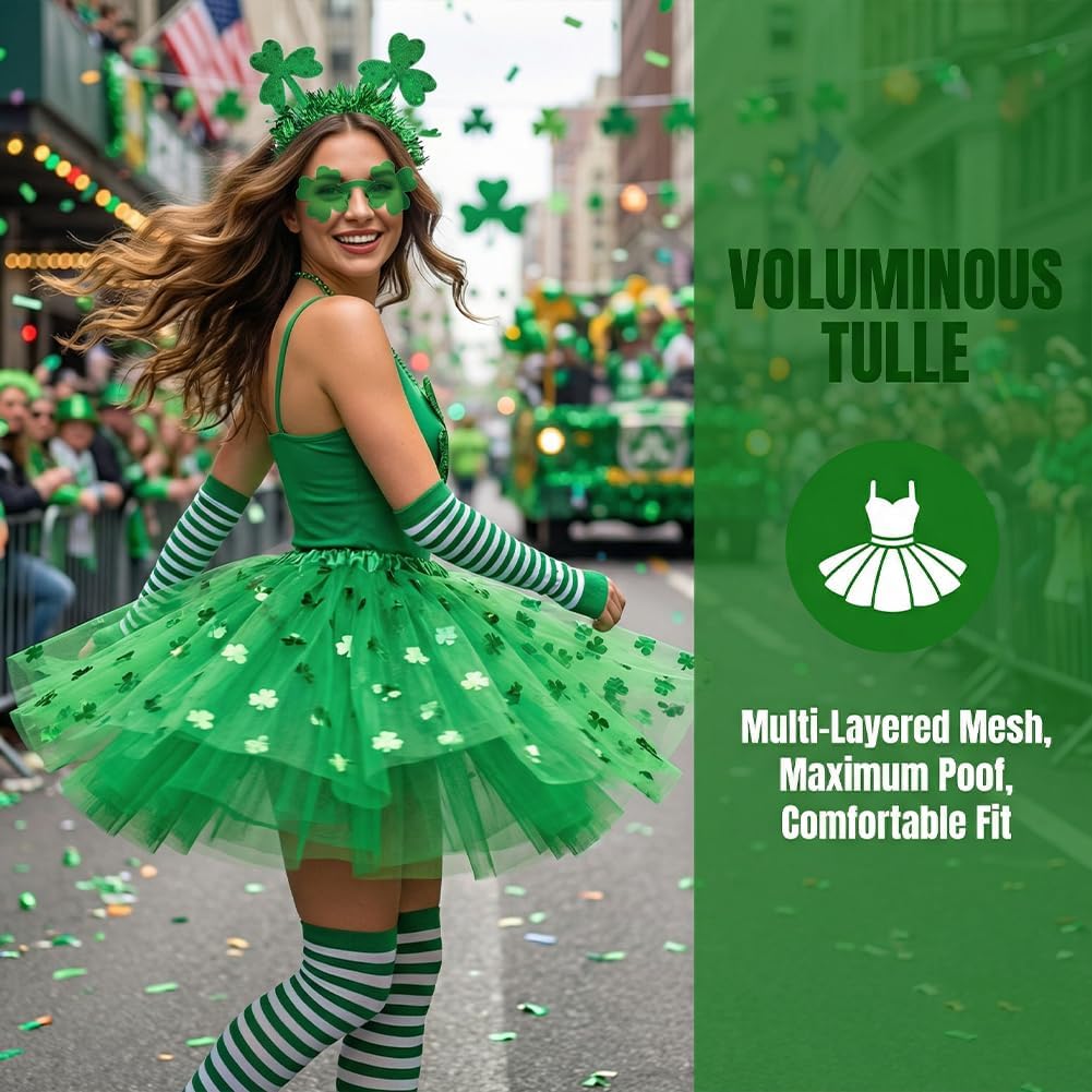 St. Patrick's Day Costume Accessories Set 5pcs Shamrock Green Tutu Skirt Gloves Headband Clover Sunglasses Clover Necklace Party Outfits for St. Patrick's Day Parade