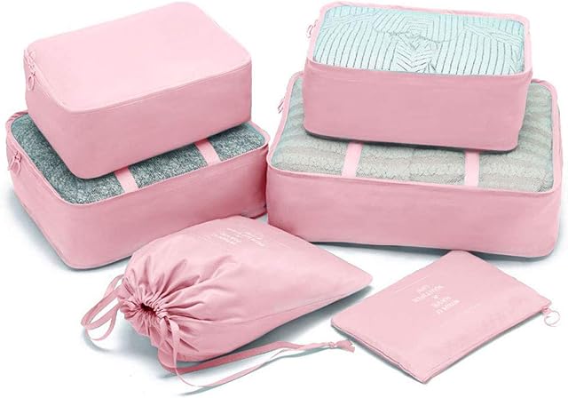 6 Pcs Packing Cubes System,Travel Organizers Luggage Packing Bags Carry On Luggage Organizers (Pink)