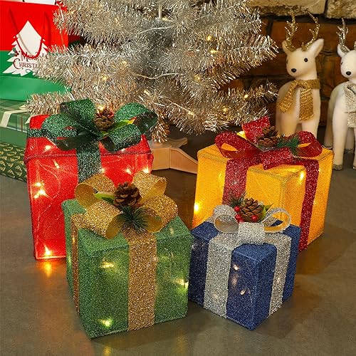 Ljlnion BOX-SSB4 Set Of 4 Christmas Lighted Gift Boxes Decorations, Pre-Lit Tinsel Present Box With Bowknot(Red Green Yellow Blue), Light Up Xmas Tree Skirt Ornament, Indoor Outdoor Plug In For Home Holiday Party thumb #3
