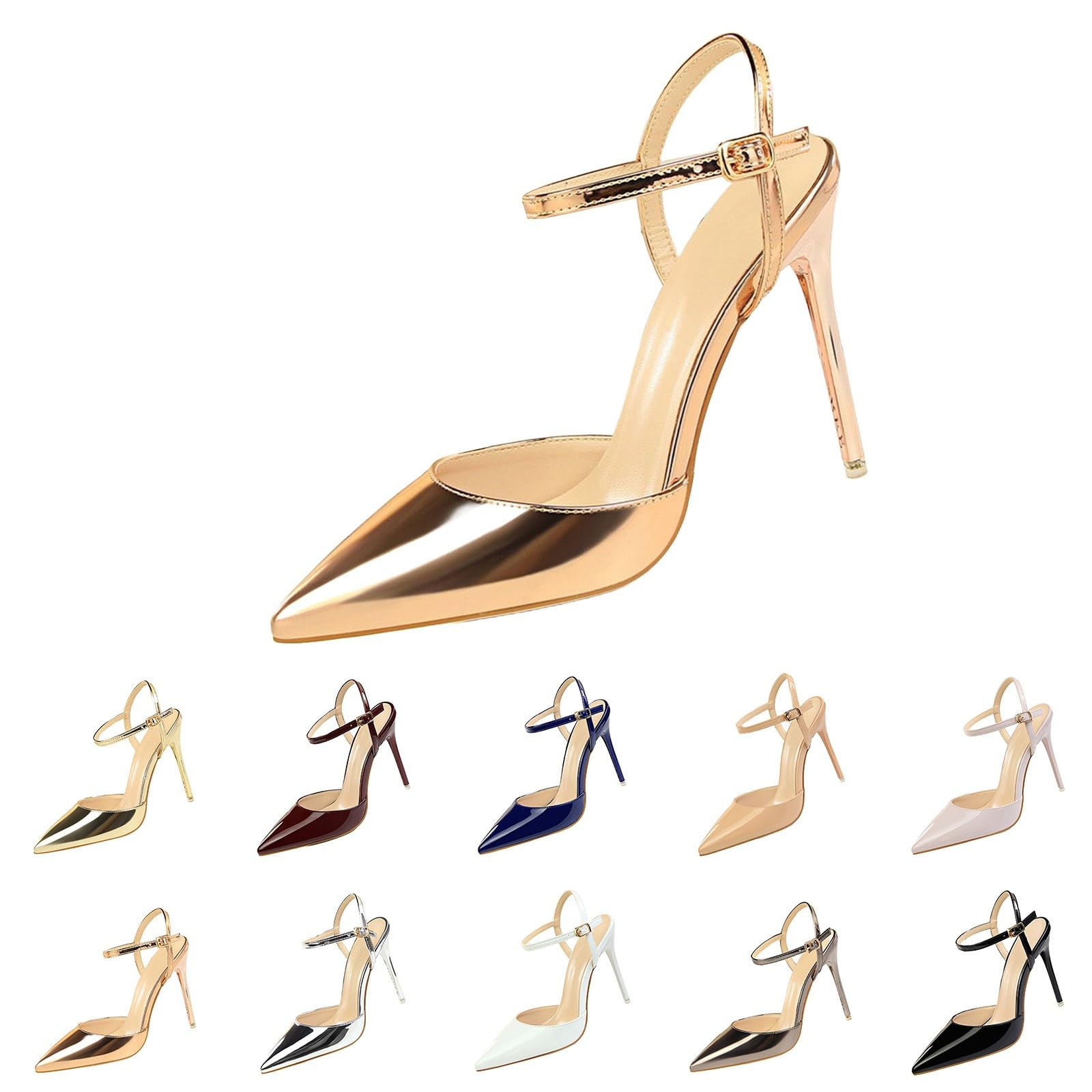Sandali da donna con tacco alto, eleganti scarpe a spillo a punta | Sandali chiusi in pelle verniciata, con cinturino alla caviglia regolabile, scarpe da sposa per feste, discoteca, matrimoni