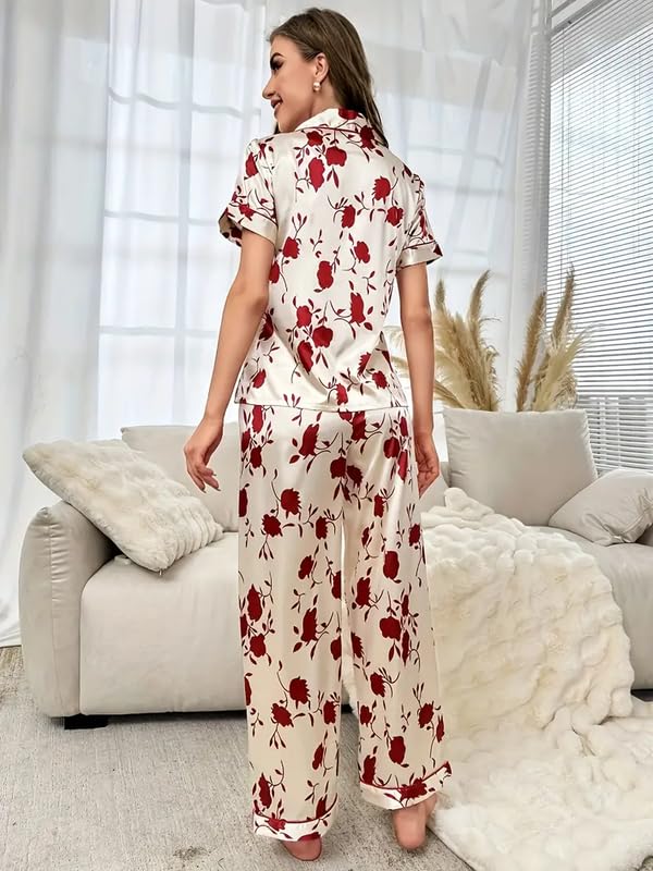 Image of Night Suit for Women with Full Sleeve Button-Down Top with Pant Dress for Woman,Night Dress for Woman, Two-Piece Loungewear Set