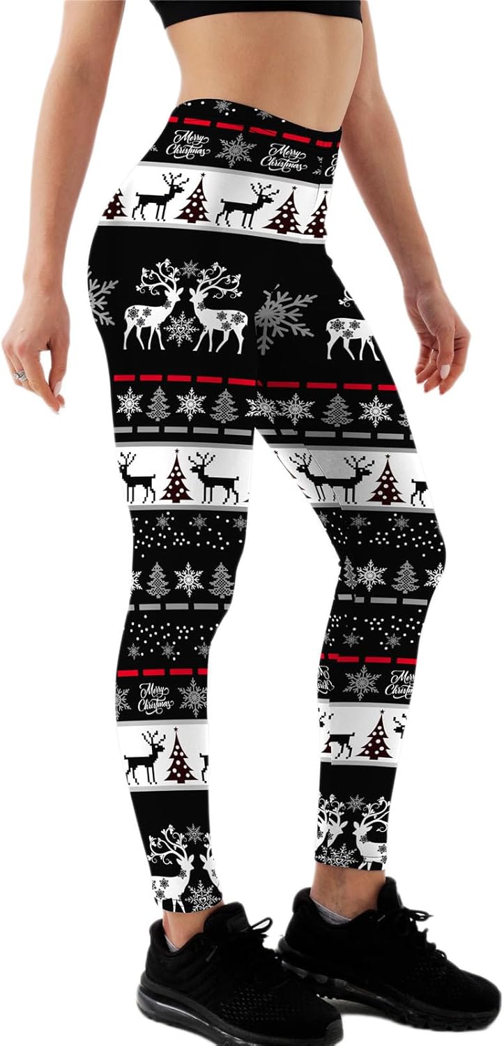 Women's Christmas Leggings Printed High Waisted Tights Trendy Workout Yoga Pants S-XL