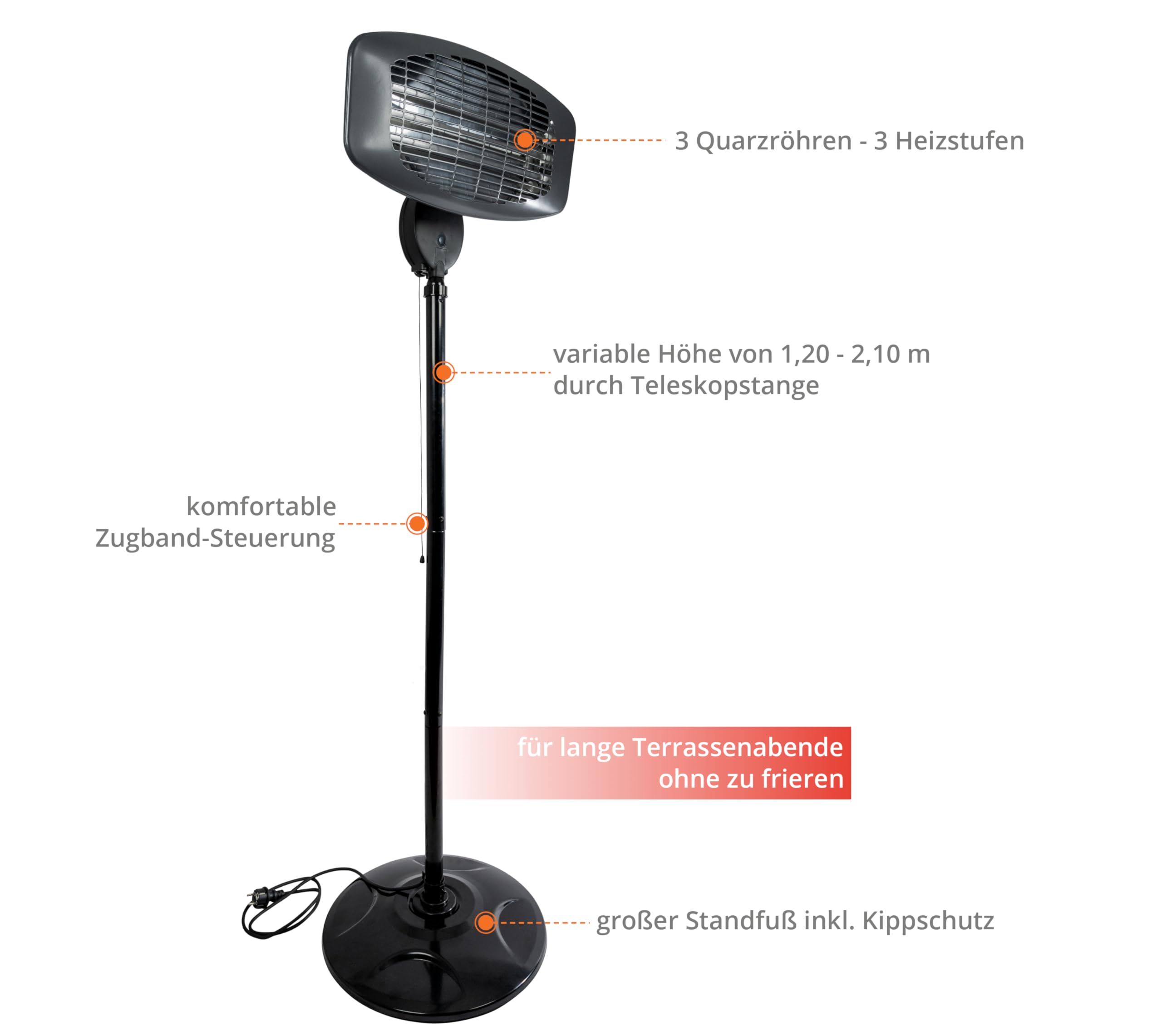 Güde Infrarot Standheizstrahler GIH 2000 (2000W Heizleistung, 3 Heizstufen (650/1035/2000 W), 15 m³ max. Raumheizvermögen, Quarz-Heizelemente, großer Standfuß & Kippschutz & stabiles Metallgestell)