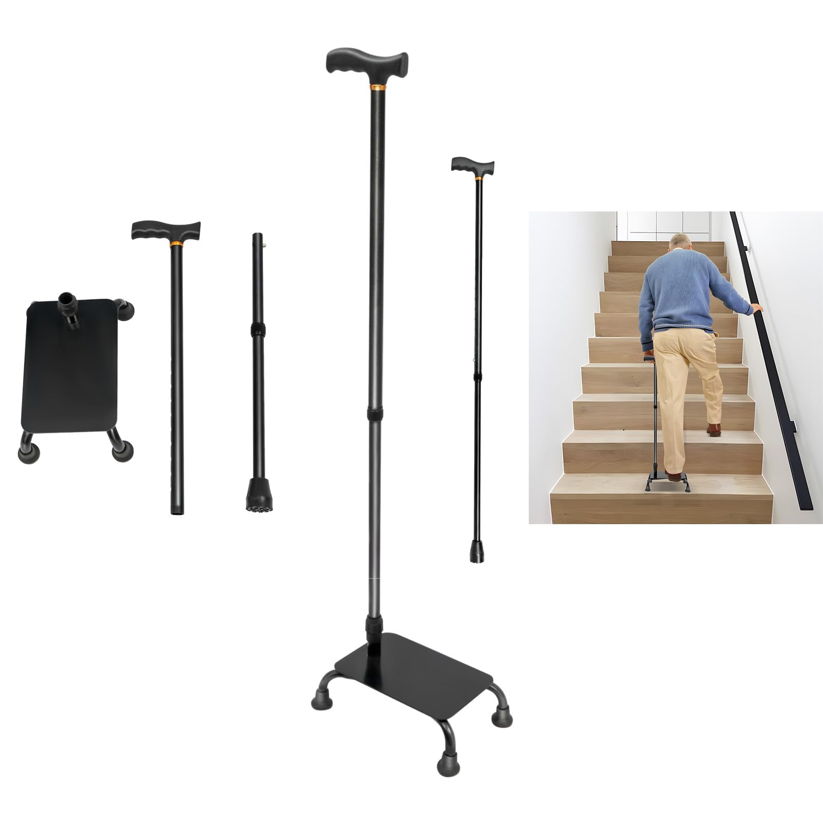 Treppensteighilfe Gehstock Vierfußgehstock mit Trittfläche für halbe Stufen – höhenverstellbar 85-105cm, max. 150kg, Alu+Eisen, als Treppensteighilfe für Senioren & Arthritis-Patienten