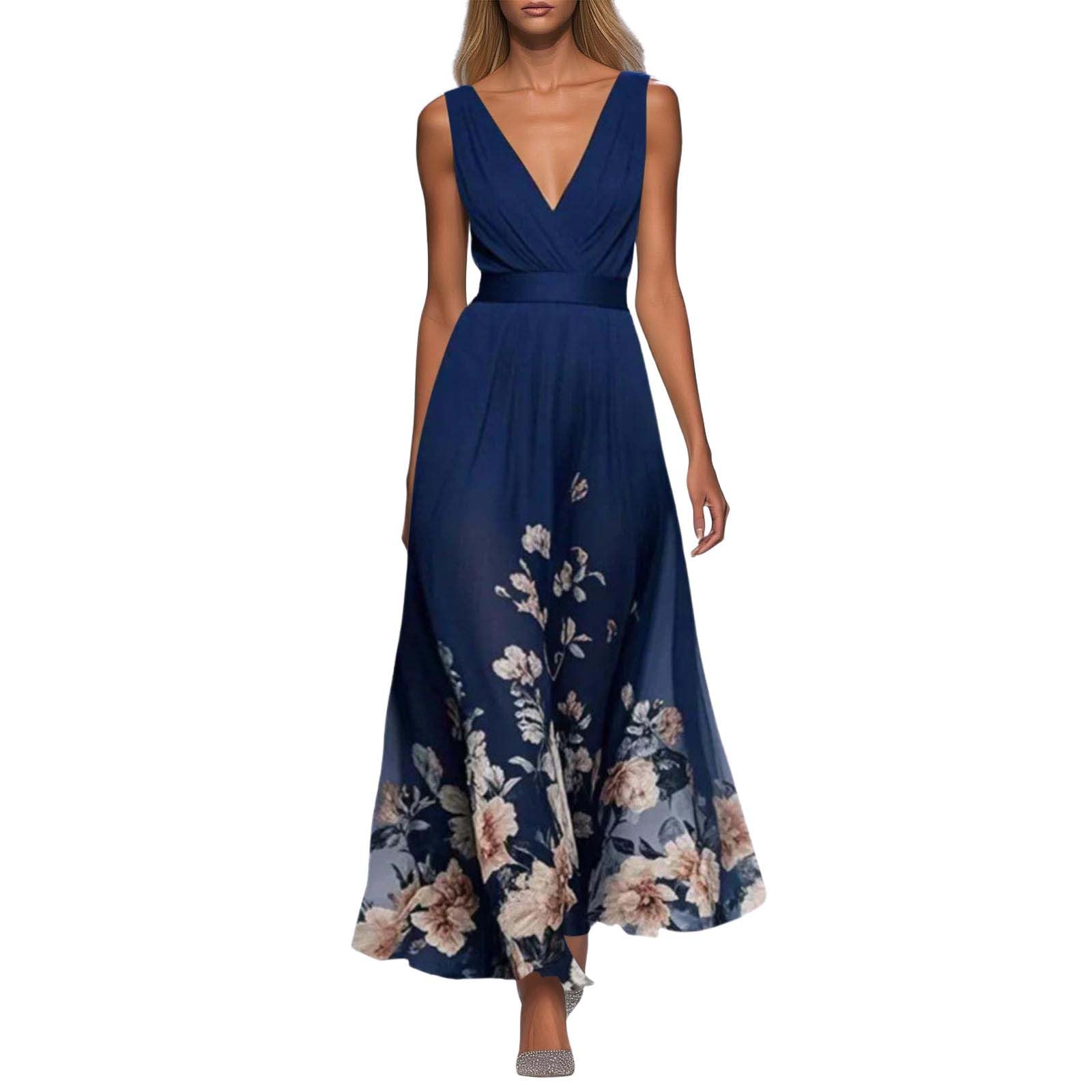 Genérico Vestido Largo Verano Mujer, Vestido Talla Grande Mujer, Vestido Informal De Verano Sin Mangas De Gasa con Cuello En V Y Falda Fluida De Corte A