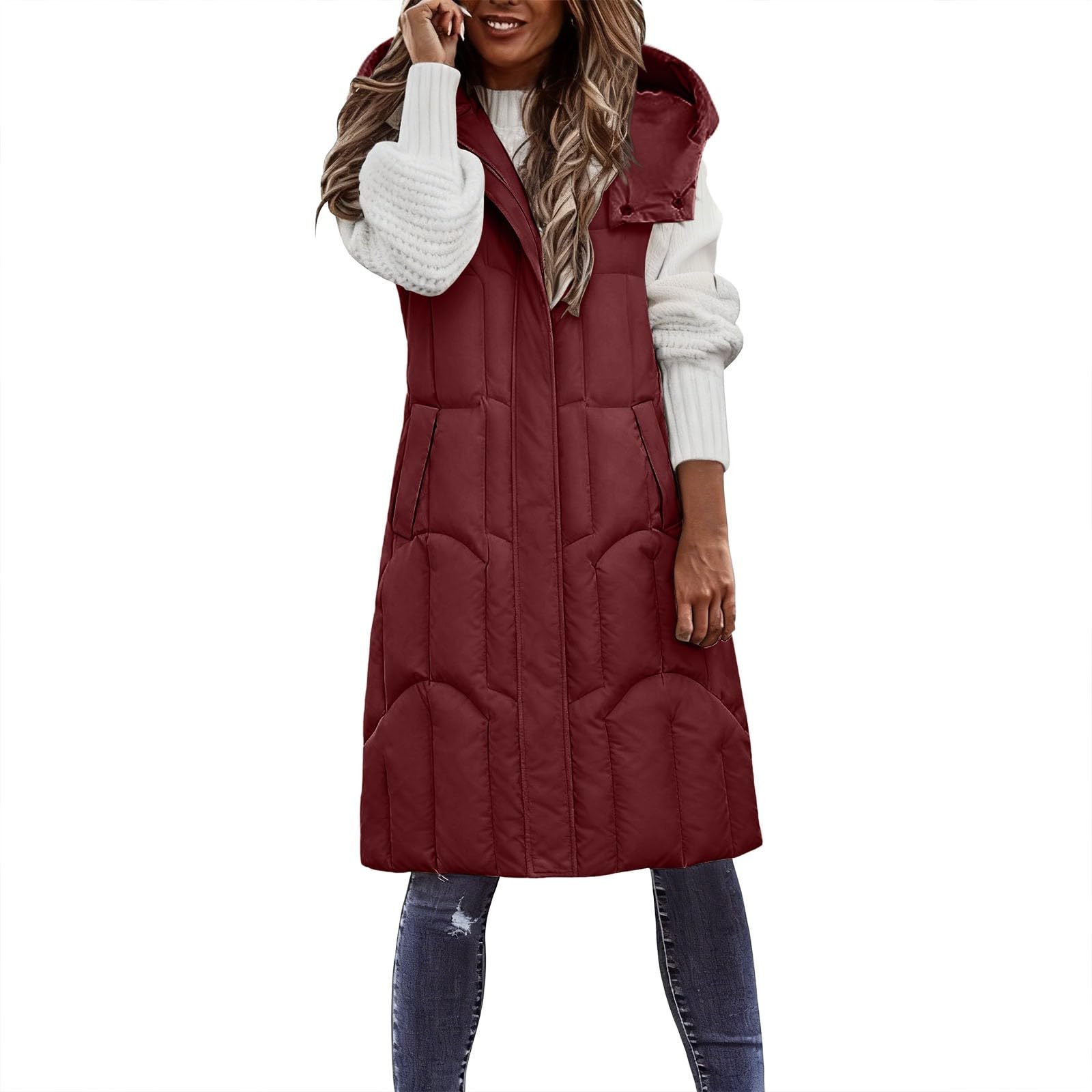 Chaqueta Mujer Abrigo Entretiempo Invierno Cazadora Plumiferos，Abrigo Térmico Largo Plumas Mujer Sin Mangas Acolchado Cintura Atada Medio Capucha