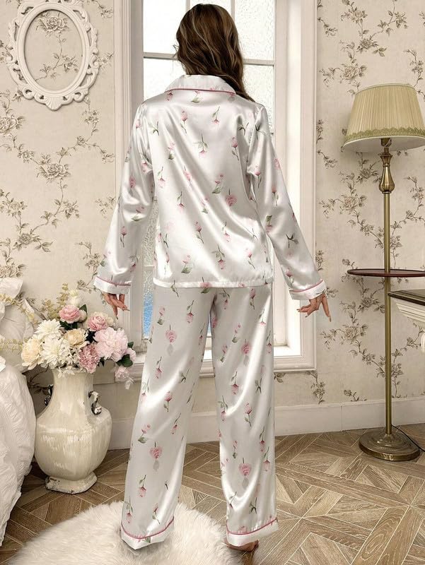 Image of Night Suit for Women with Full Sleeve Button-Down Top with Pant Dress for Woman, Night Dress for Woman, Cotton Two-Piece Loungewear Set