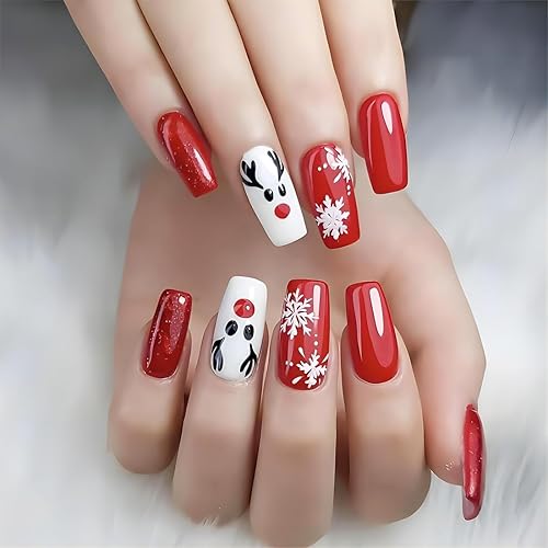Miniatura 7 de Uñas postizas a presión de Navidad, uñas postizas medianas con diseño de ataúd, uñas postizas acrílicas con diamantes de imitación, diseño de