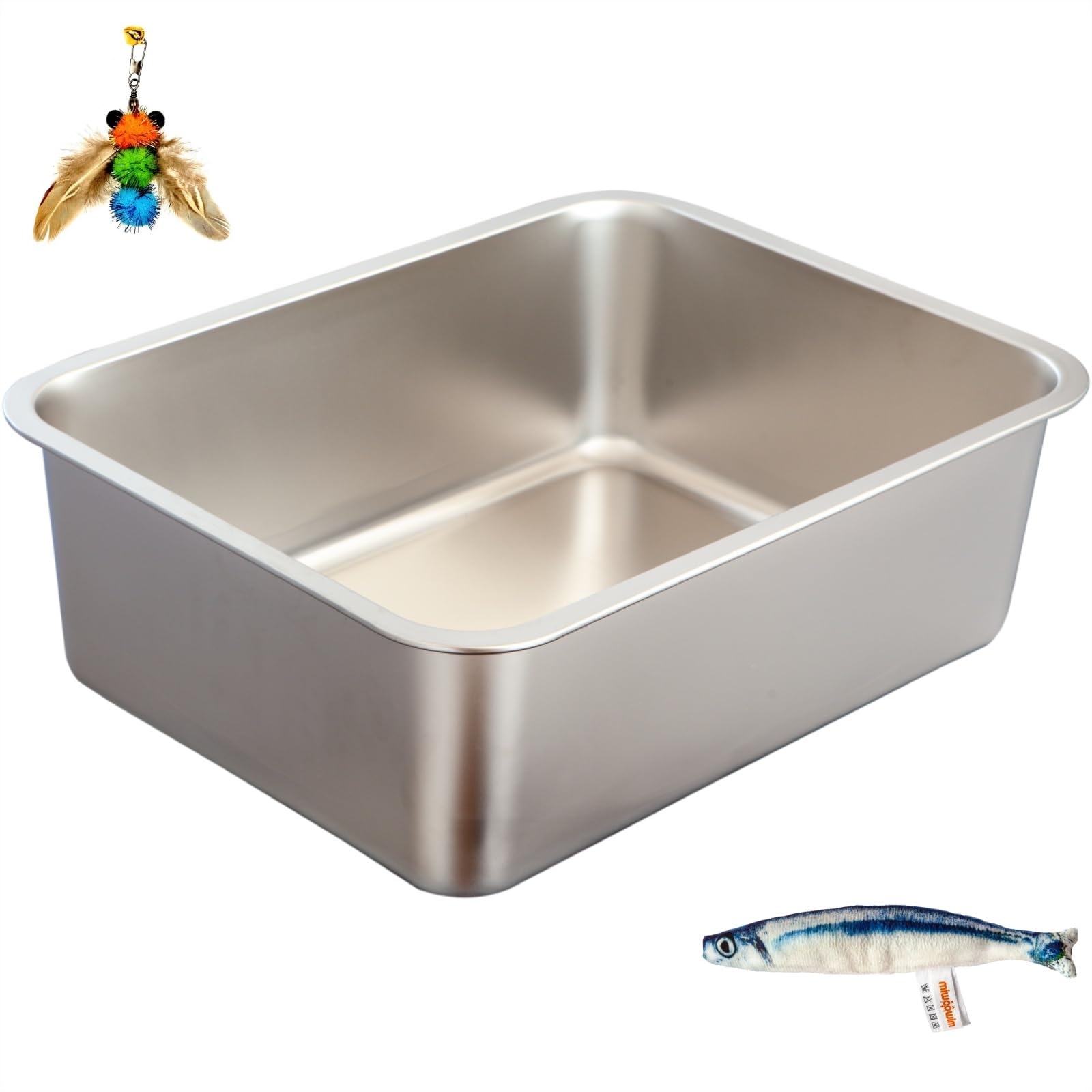 Stainless Steel Cat Litter Box Set, Includes Catnip Fish Toy & Wand Feather Toy Refill, Easy to Clean, Pet Toilet Supplies for Kitten, Kitty, Rabbit,