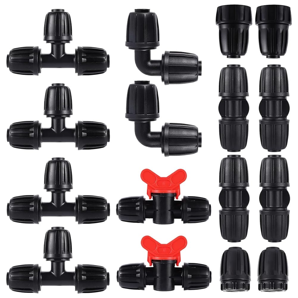 Jrifedptry 16mm PE Irrigation Pipe Fittings Kit 16-Piece Set for 4mm Soft Hose Tee Valve Reducing Tee 6-Way End Cap Elbow Connector