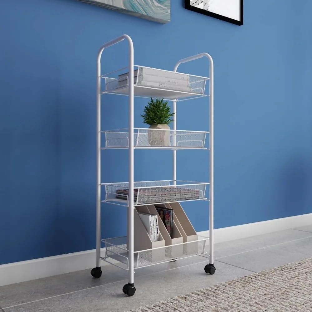Carrelli di servizio Carrello con ruote stretto a 4 livelli for riporre oggetti in casa e in ufficio (bianco) di servizio vassoio rimovibile da bar cucina rotelle Organizzazione