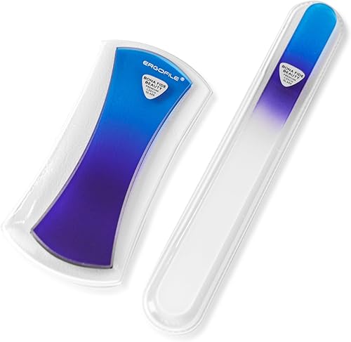 BONA Fide Beauty Juego de manicura de lima de uñas de vidrio, 2 piezas, lazo ergonómico de agarre cómodo azul Ergofile para limar suavemente y