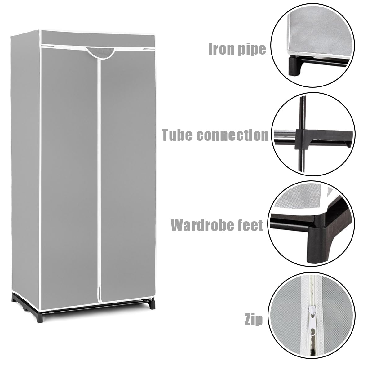 Armoire en Tissu Pliable et Peu encombrante avec Housse Anti-poussière, Armoire de Chambre verrouillable avec Fermeture éclair pour Chambre, Salon, 74 x 50 x 172 cm (Gris)