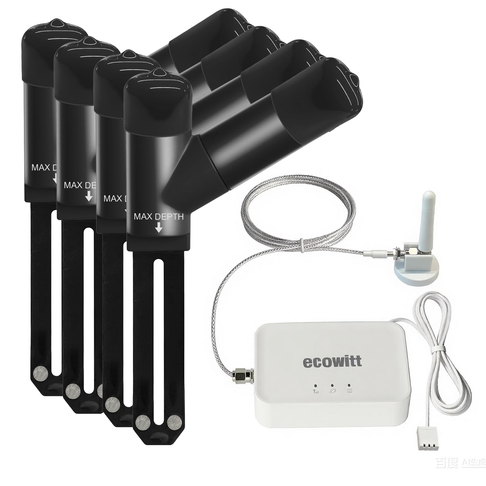 ECOWITT Sensore di umidità del Suolo 3 in 1 a 16 canali + Sensore EC del Suolo + Misuratore di Temperatura, Igrometro per Temperatura del Suolo, Tester 4 Pezzi WH52 + Gateway GW3000