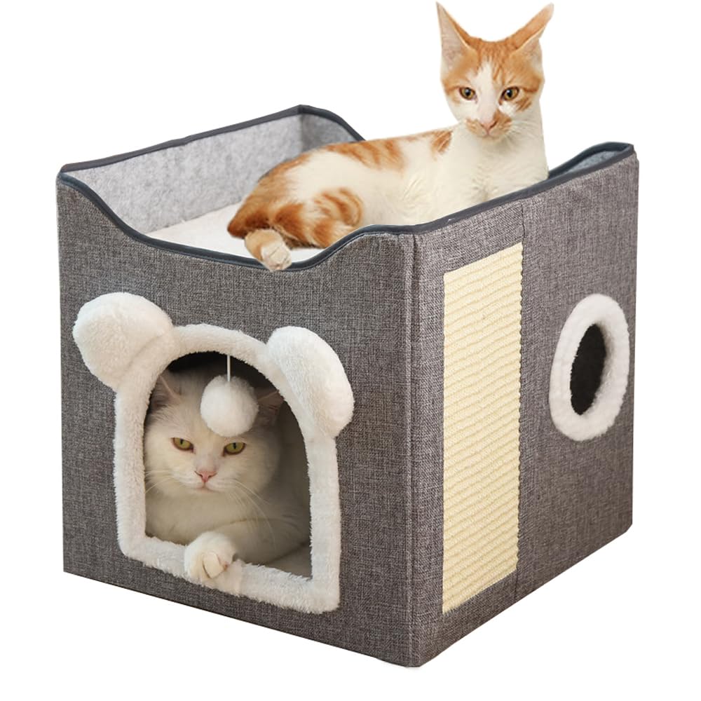 منزل للقطط من جريبيرد، سرير للحيوانات الاليفة قابل للطي مع وسادة خدش وكرة معلقة وكهف مخبأ، عش مكعب للقطط الصغيرة، شقق برج القطط، بيت نشاط للقطط وسرير الحيوانات الاليفة المغطى ومركز لعب مقعد القطط
