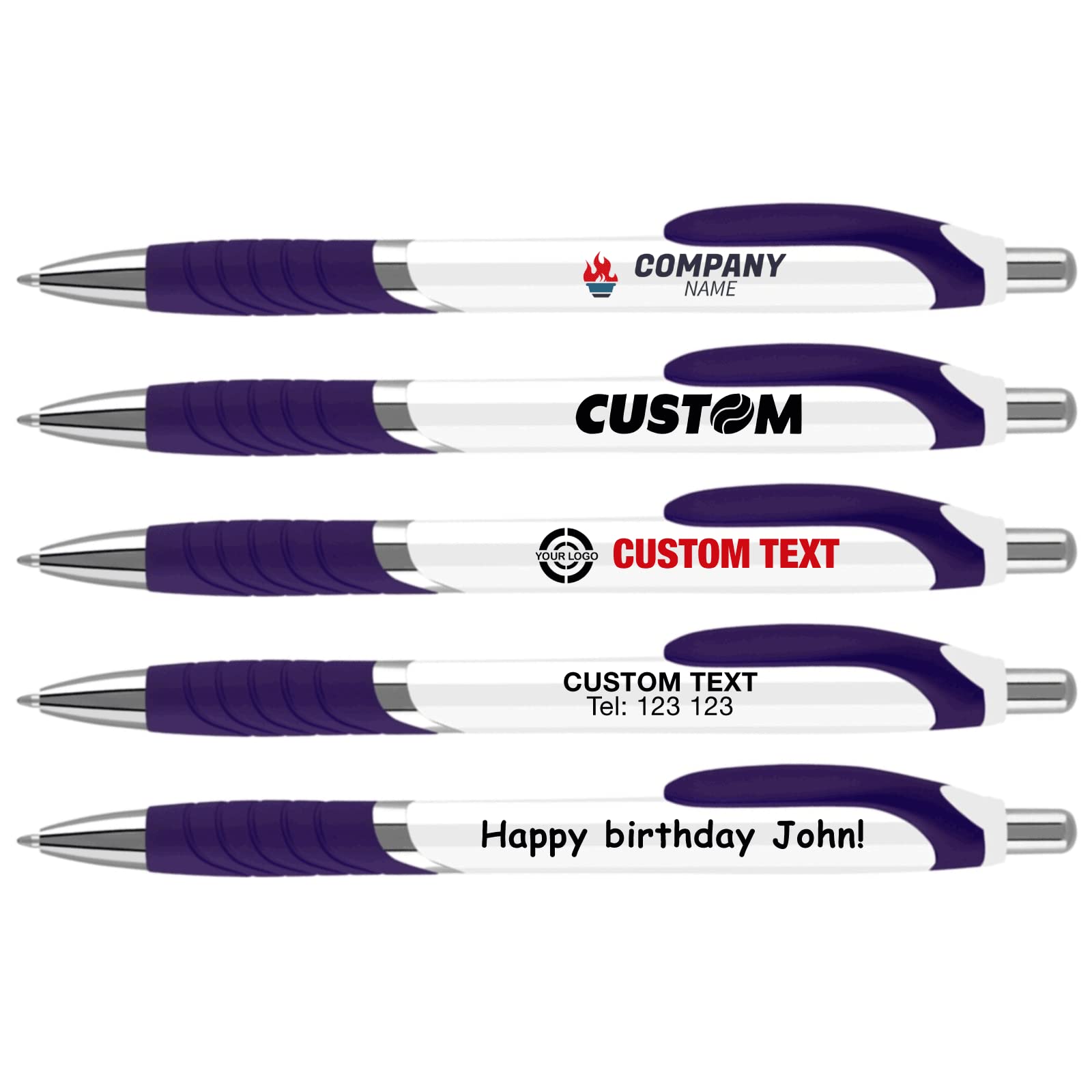 stika.co Pack of 20 Purple Custom Printed Premium Chrome Grip Pens, Personalised Promotional Pen, Events School Office Giveaways