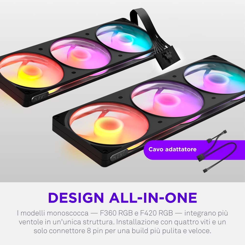 NZXT F420 RGB - Ventola RGB PWM Monoscocca 420mm - Nero | Unità monoscocca 420mm con tre ventole RGB PWM 140mm. RGB vivace e cuscinetti fluidodinamici per raffreddamento silenzioso.