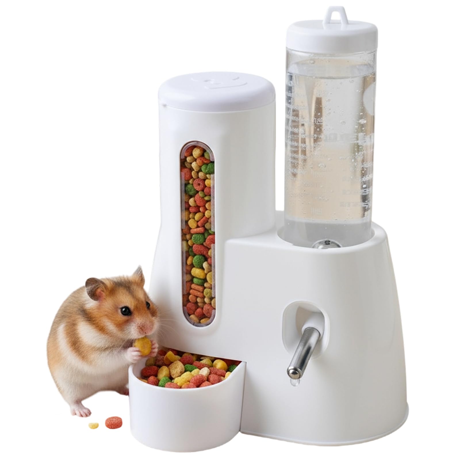 Hamster Automatic Feeder and Waterer, 2-In-1, White Water Bottle 125 ml, Suitable for Chinchillas, Guinea Pigs, Rats, Dwarfs, Gerbils and Other Small Animals (White), 13.4x18.8x16.6 cm