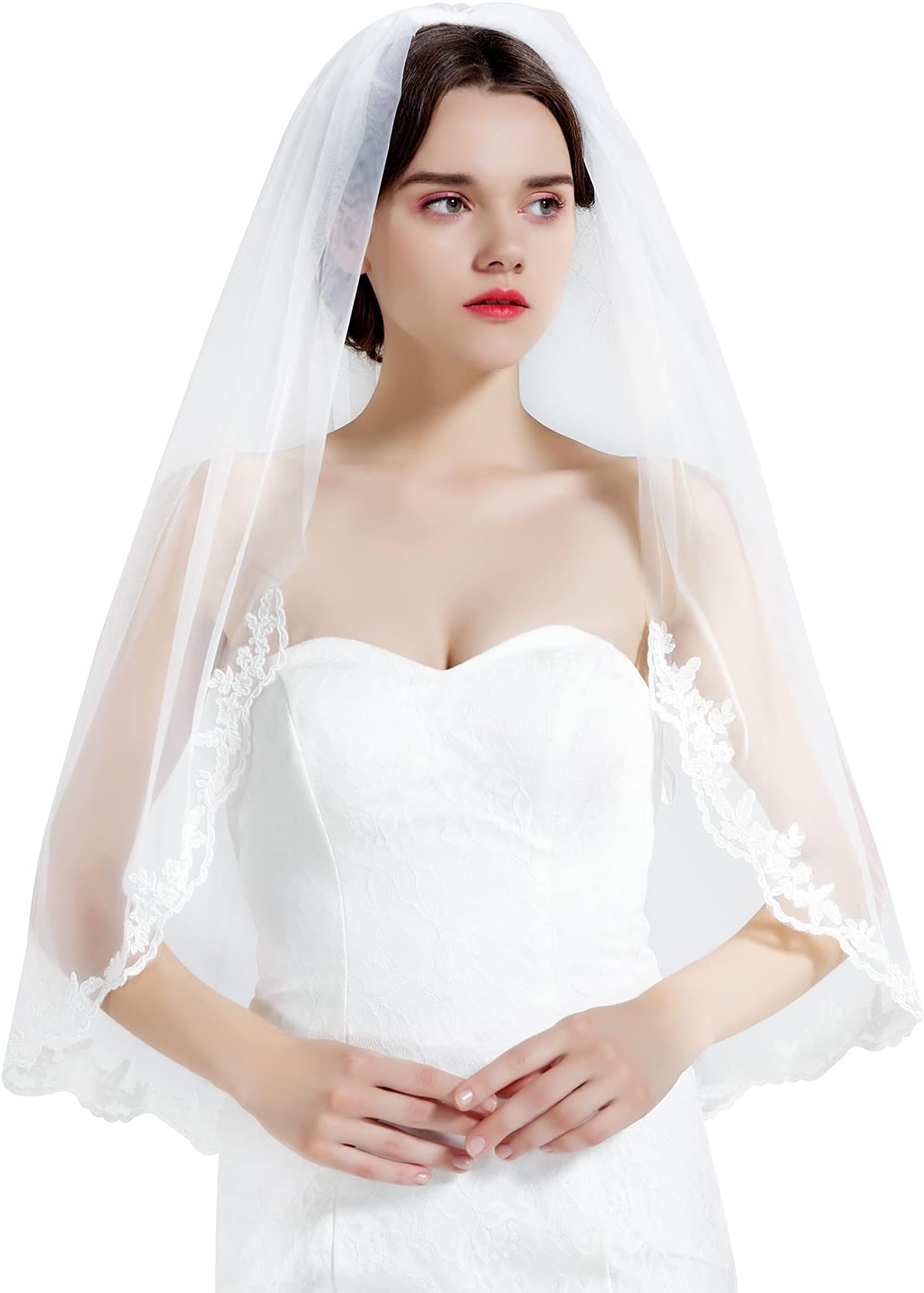 Wedding Bridal Veil Flower Lace 1 Tier with Metal Comb Fingertip Elbow Length Mantilla Veil White Ivory