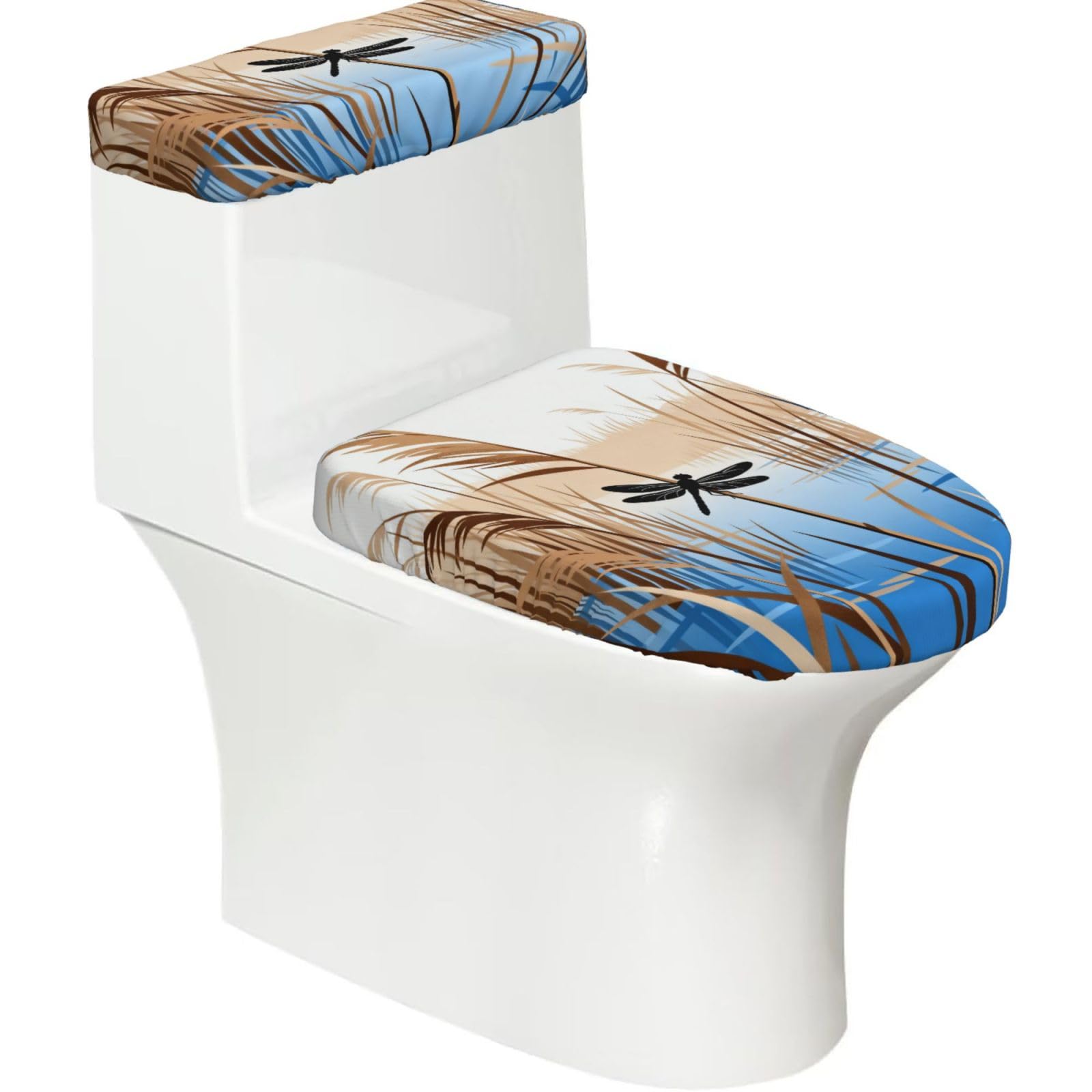 Cntdbu Black Reeds Dragonfly Pond Stretchy Toilet Lid And Tank Cover Set-Soft Elastic Bathroom Decor For U Shape Oval