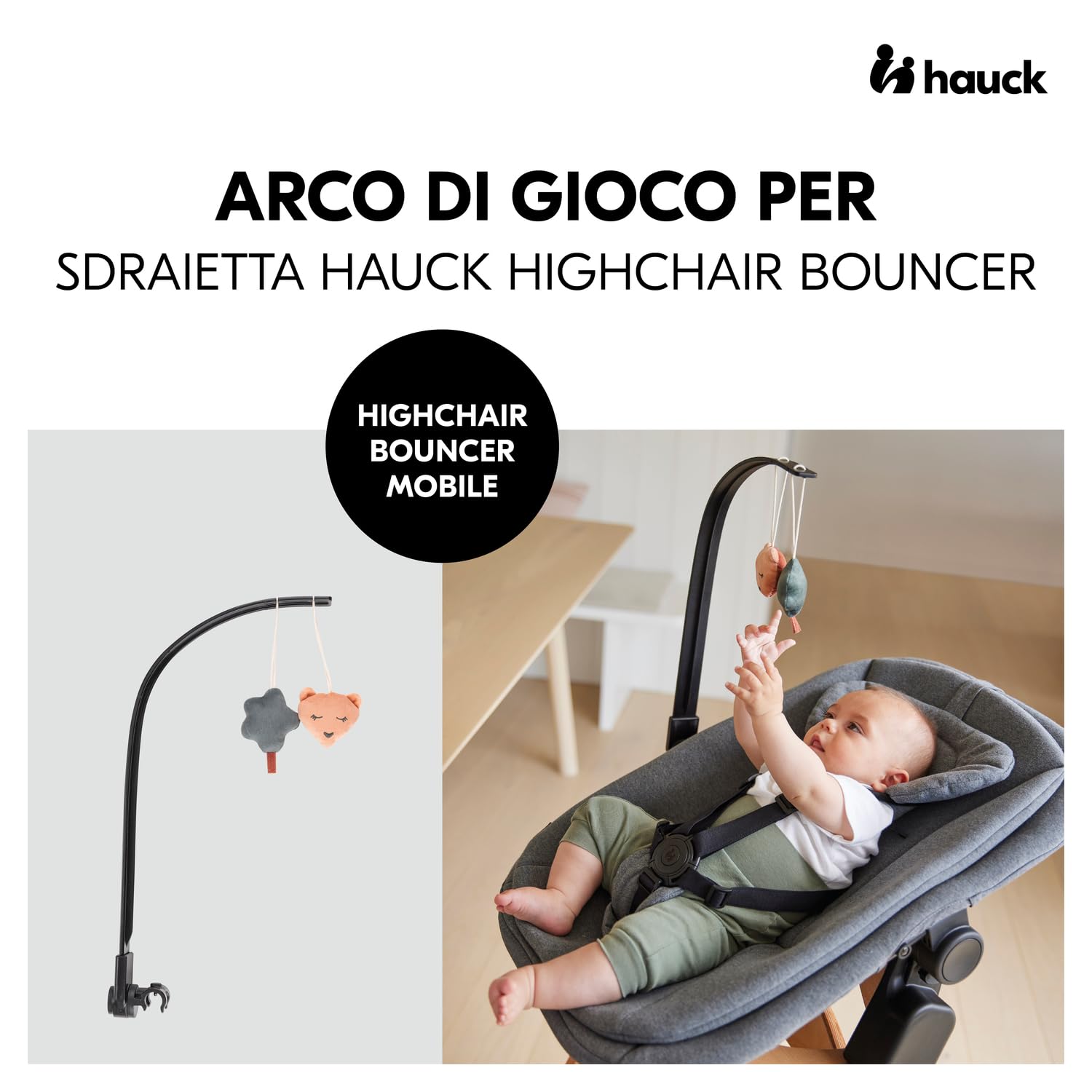 hauck Arco Giochi Neonato, Orso - Compatibile Solo con Sdraietta Highchair Bouncer (Non Adatto ad Altri Modelli) - Con Sonagli e Squeak - Facile da Fissare - Ruotevole