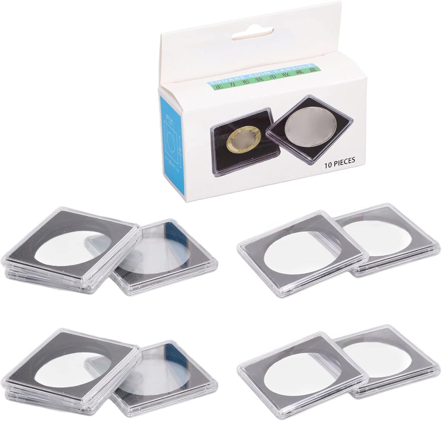 10PCS Holder High Transparency Wear Environmental Acrylic Quadrate Case for Collection Storage Display Organizing and Protection Great Gift for Collectors Black EVA 38.5mm