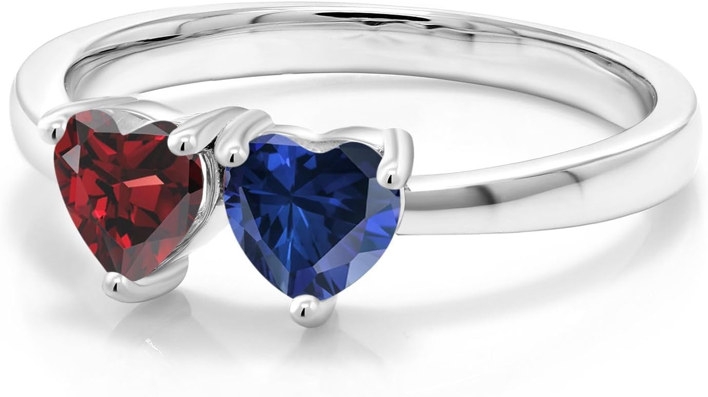 Gem Stone King 1.10 Cttw Red Garnet and Blue Created Sapphire 2-Stone Ring For Women | 925 Sterling Silver | Heart Shape 5MM | Wedding Engagement Anniversary Promise Ring For Women