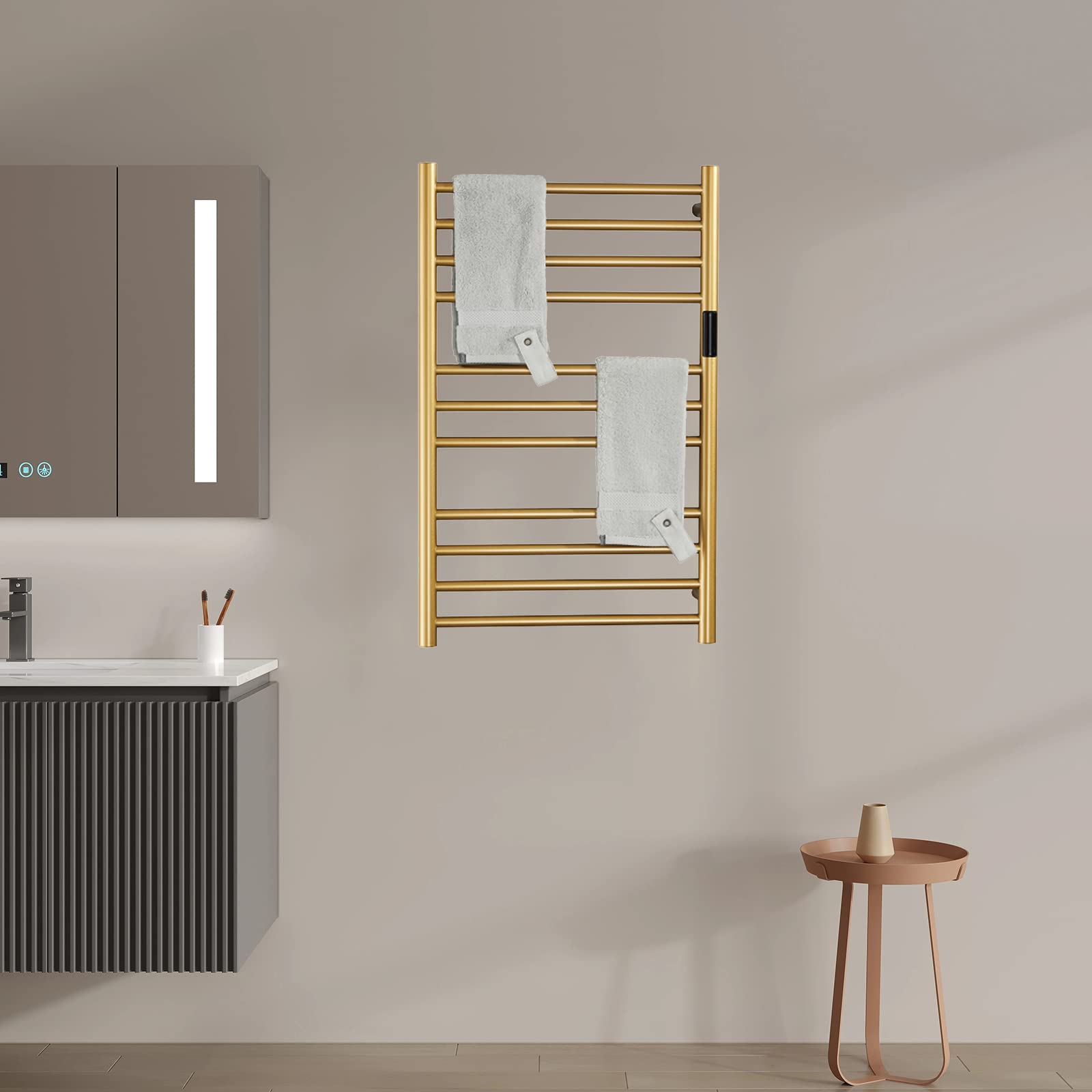 Toallero Eléctrico Dorado con Temporizador, 140 W Calentador De Toallas Independiente Y Montado En La Pared con 11 Barras, Secador De Toallas De Acero Inoxidable 304 para Baño, Plug-In