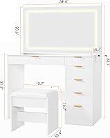 Vista 4 de ANWBROAD UBDT79A - Escritorio de maquillaje de 39 pulgadas con espejo y luces con 6 cajones y estación de carga para niñas con parte superior