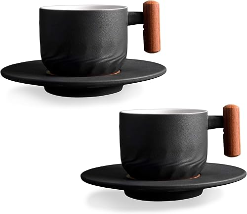 CLASGLAZ Taza de café expreso de cerámica de 6 oz y platillo de porcelana con mango de madera, taza de capuchino taza Demitasse (Negro-2)