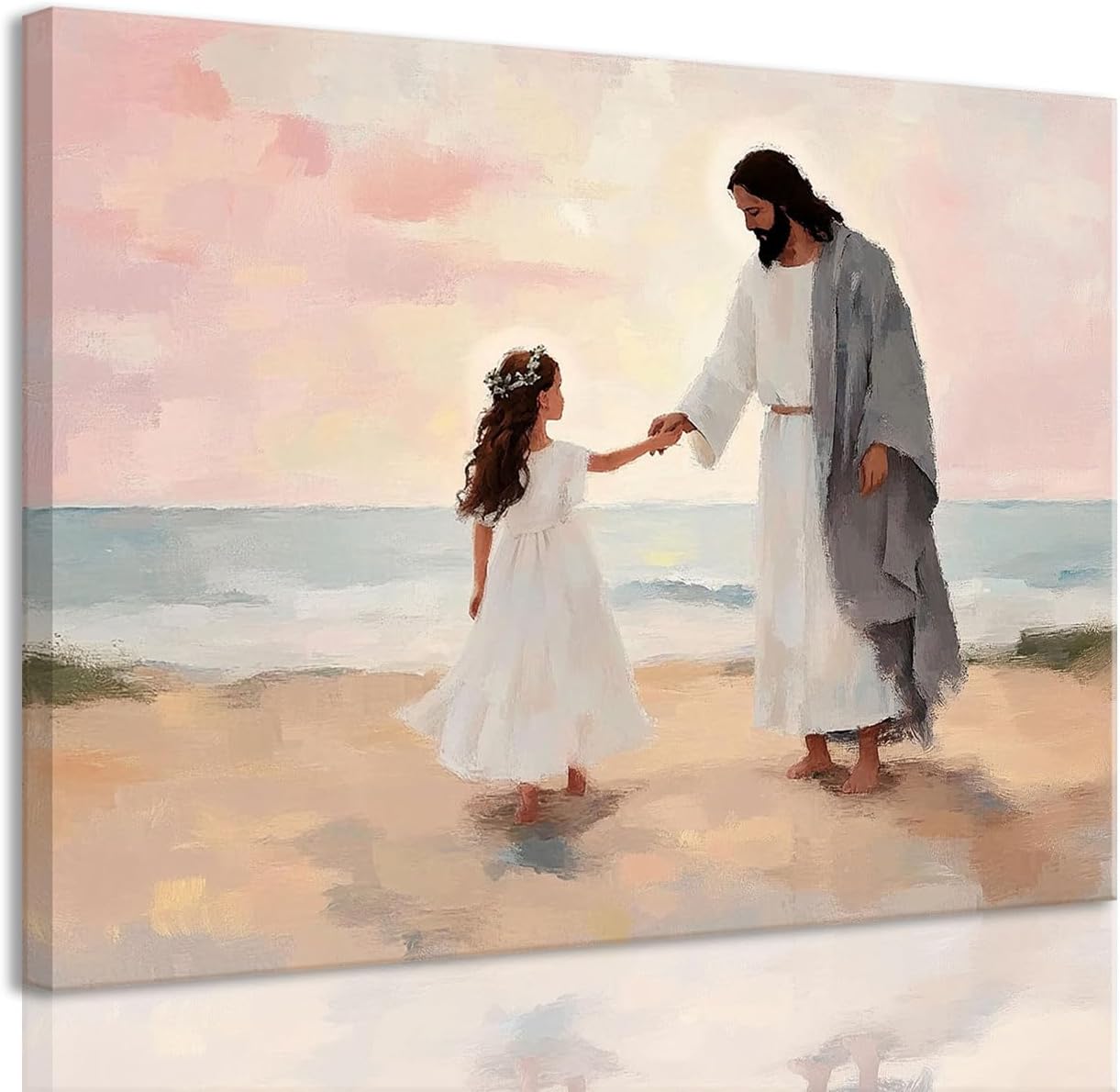 YOYIAXT Jesus Canvas Wall Art For Prayer Room - Jesus with Girl Beach Walk - Art Prints Serenity Prayer Religious Christian Inspirational Wall Decor For Living Room Bedroom,16x24 in Handshake Wrapped Canvas 24L" x 16W"