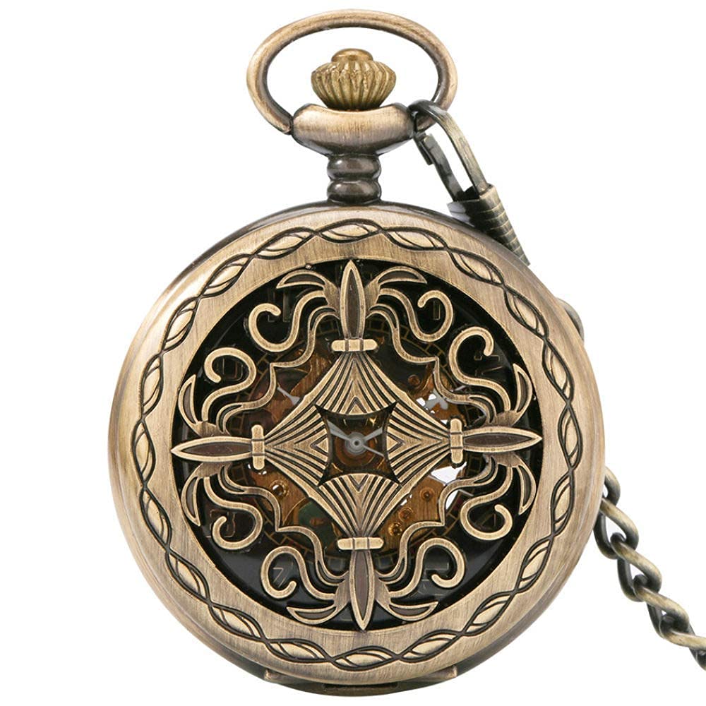 Taschenuhr, bronzefarbene, Hohle, mechanische Taschenuhr mit Handaufzug, antike Taschenuhr, Klassische, antike Taschenuhr mit Anhängerkette