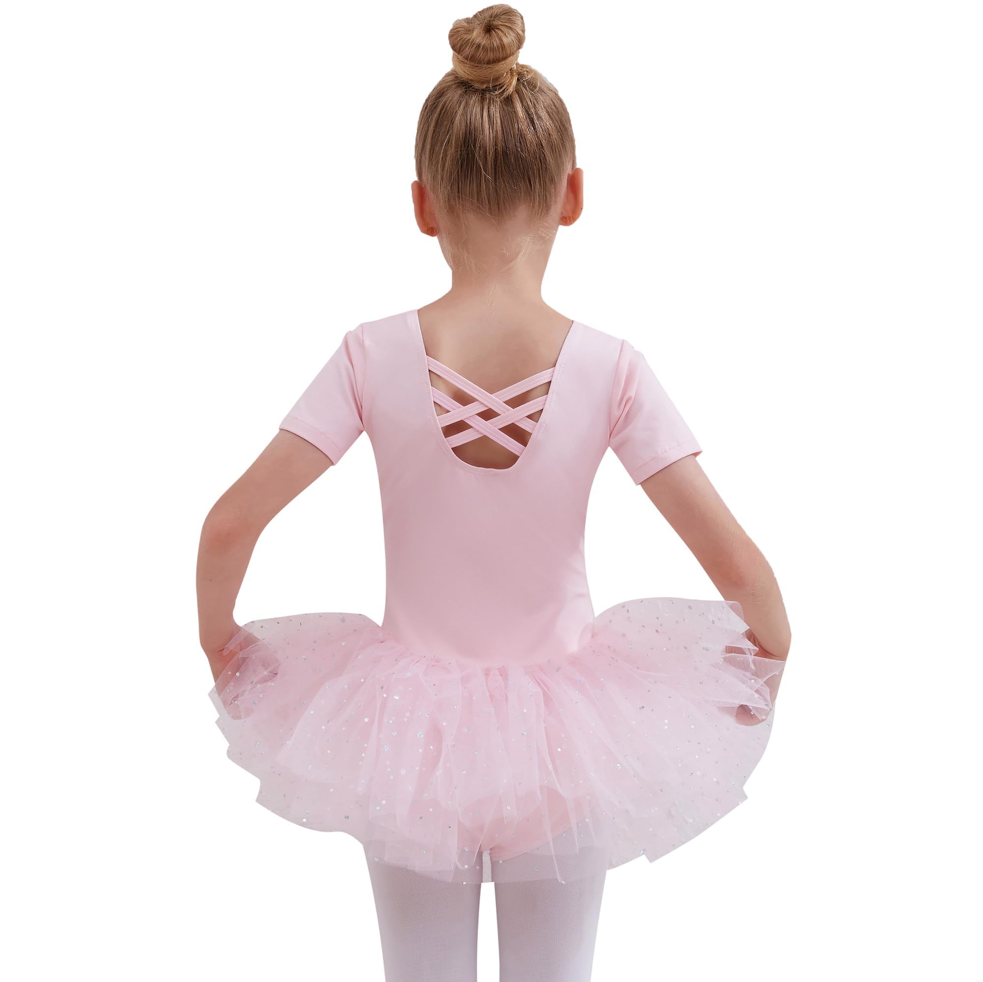 Ballet Dress for Girls Sparkly Ballet Leotard with Shiny Tutu Skirt Toddler Activewear Dance Leotard Double Criss-Cross Back
