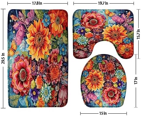3pcs Floral Boho Bathroom Sets with Non-Slip Rug,Toilet Lid Cover and Bath Mat, Watercolor Gorgeous Sunflowers Peony Daisies Colorful Flowers Tropical Plant Bathroom Carpet Bath Mat Toilet Rugs image 4