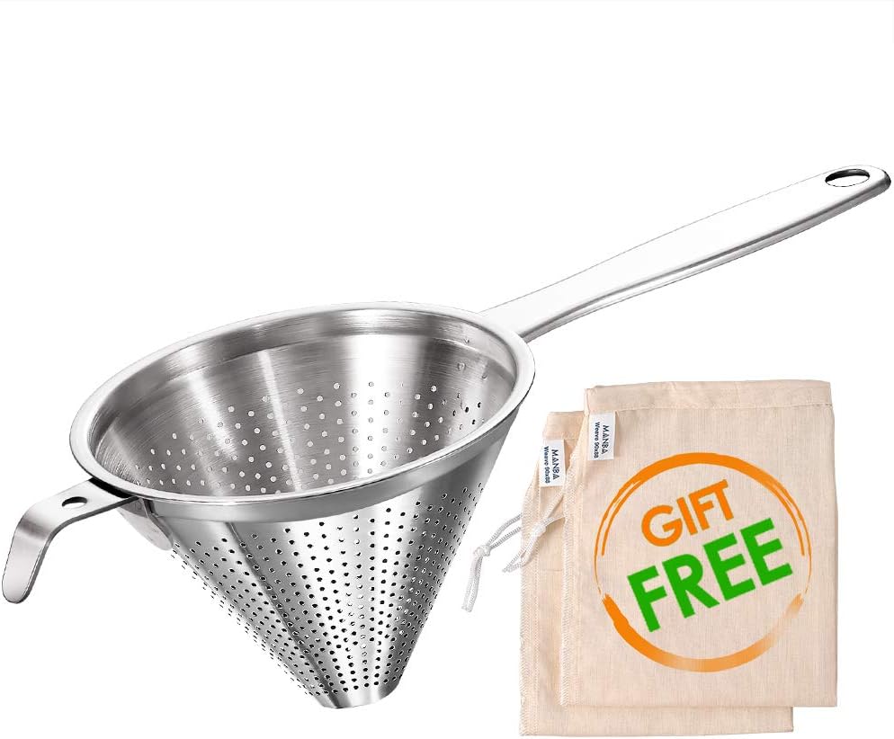 MANBA 6-Inch China Cap Strainer with Cheesecloth Nut Milk Bag(2pcs of 12”x12”), worked as Tea Strainer, Colander, Sifter, Sieve - BPA Free