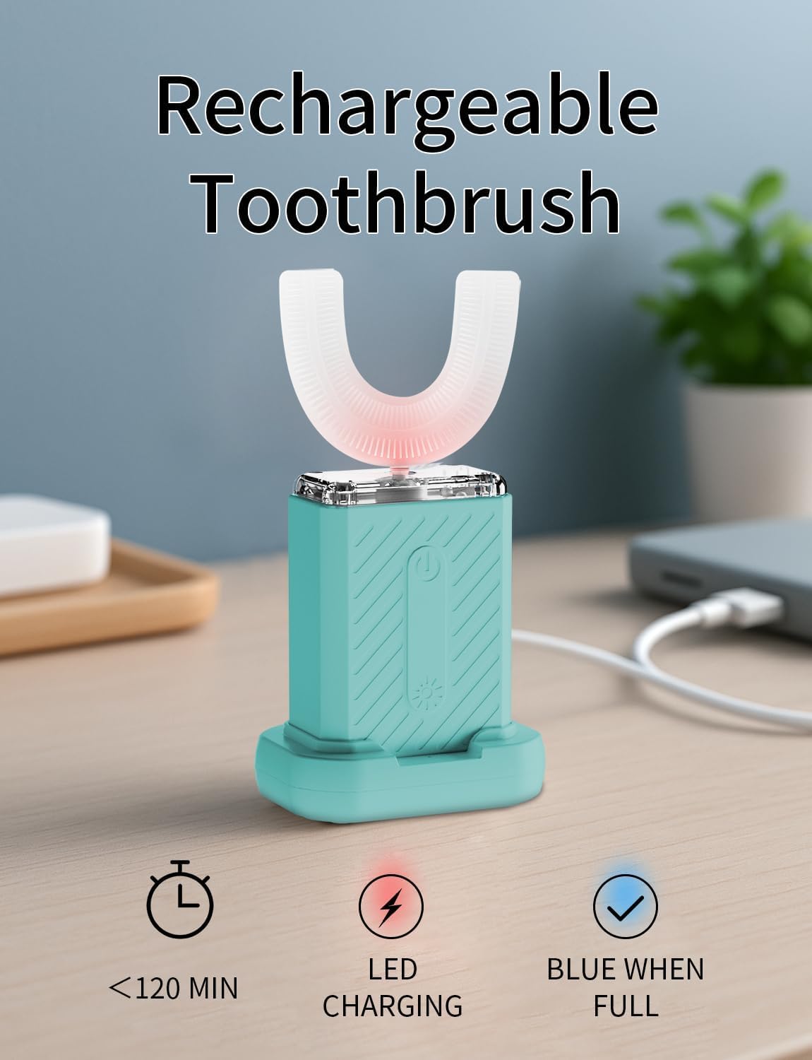 U-Shaped Electric Toothbrush, 48,000 VPM, 4 Modes, 60-Second Clean, Magnetic Contact Charging
