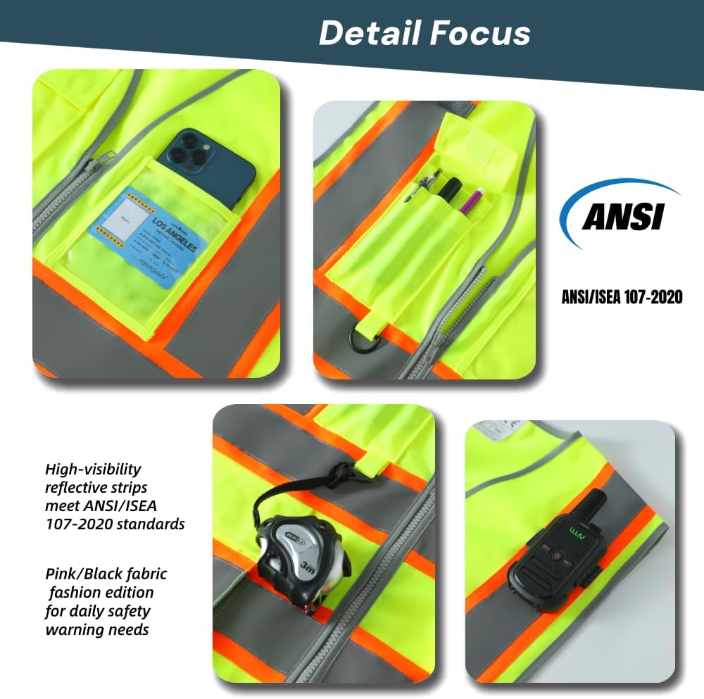 Reflective Safety Vest, High Visibility Work Vest for Men Women with 8 Utility Pockets, Zipper & Breathable Mesh