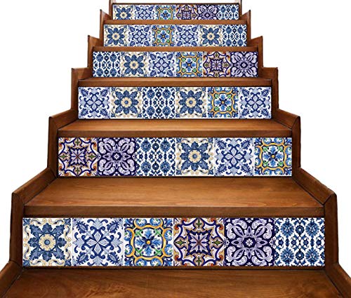 InfiniteDots Peel and Stick Stair-Riser Decals - Portuguese Tiles Style - Water Resistant Vinyl Strips - Pack of 5 Strips (Step Height 4.5" inch)