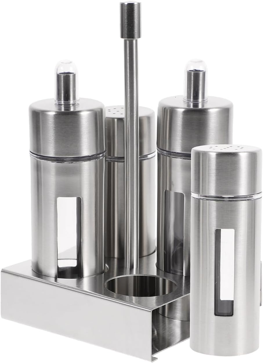 YARNOW Seasoning Bottle Set with Base Stand Removable Stainless Steel Salt Pepper Vinegar Oil Dispensers for Kitchen Countertop Organization