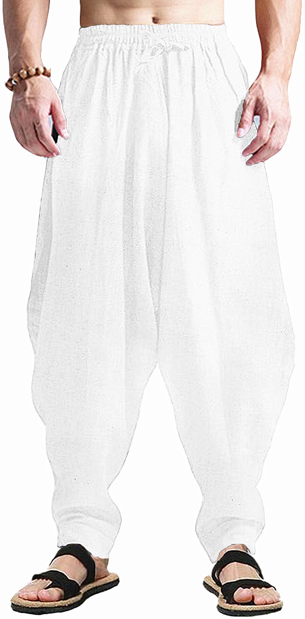 perdontooMens Harem Pants Loose Fit Elastic Waist Drawstring Aladdin Hippie Trousers