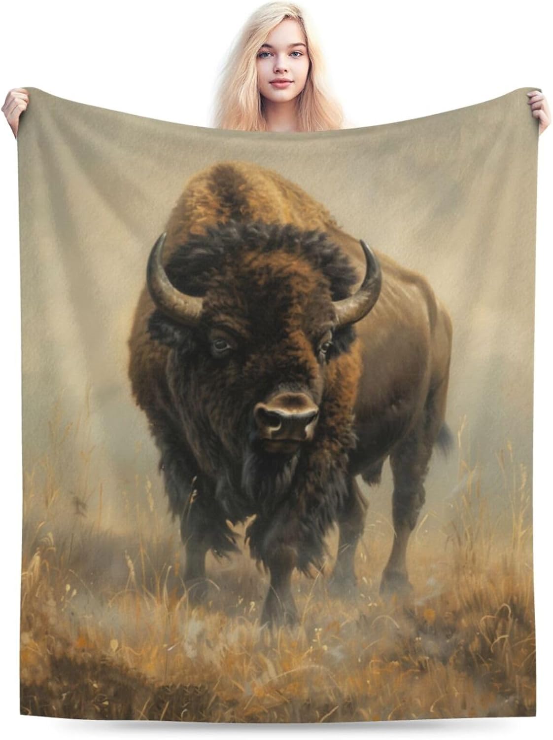 American Bison Buffalo Blanket Gifts for Women Kids, Wild West Prairie Animal Theme Flannel Blankets, Warm Cozy Soft Throw for Bedroom, Camping, Couch, Decor 60x80 in