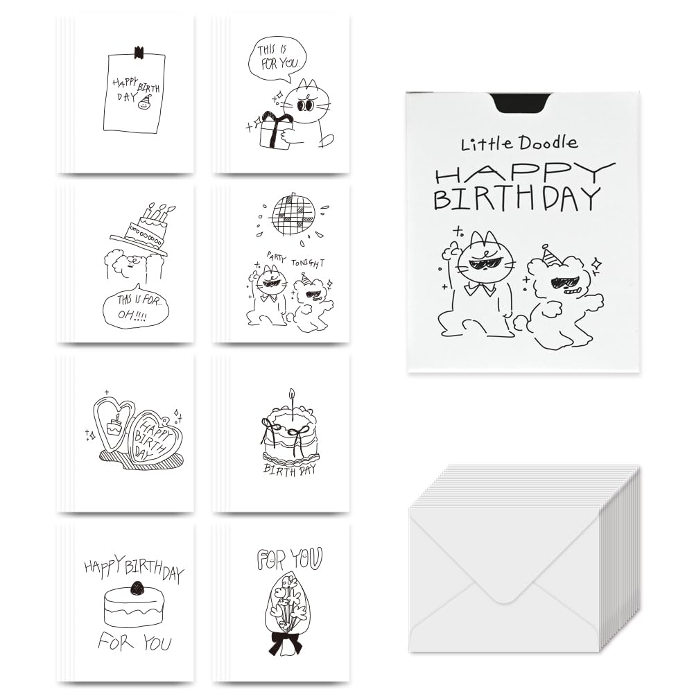 Monolike Message Little Doodle Birthday Series.2 Card - Mix 40 Mini Single cards, 20 envelopes Package